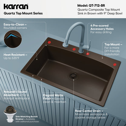 33" Top Mount Large Single Bowl Quartz Composite Kitchen Sink In Brown