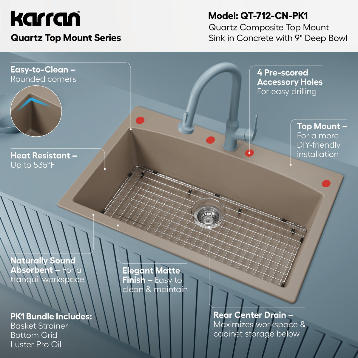 33" Top Mount Large Single Bowl Quartz Composite Kitchen Sink Kit Concrete