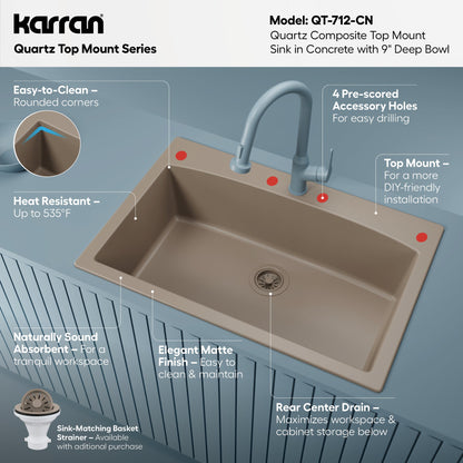 33" Top Mount Large Single Bowl Quartz Composite Kitchen Sink In Concrete