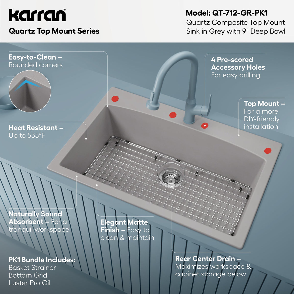 33" Top Mount Large Single Bowl Quartz Composite Kitchen Sink Kit Grey