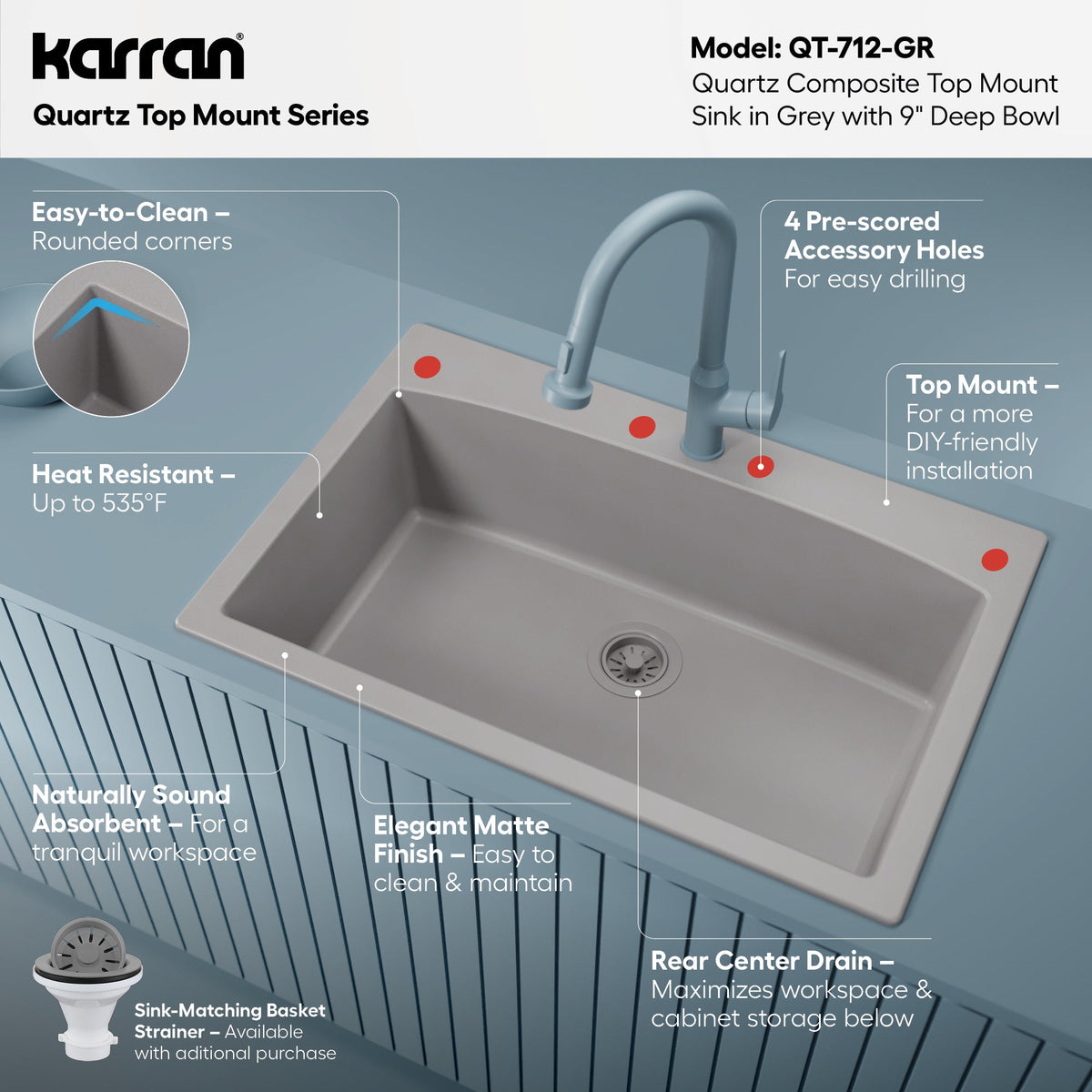 33" Top Mount Large Single Bowl Quartz Composite Kitchen Sink In Grey