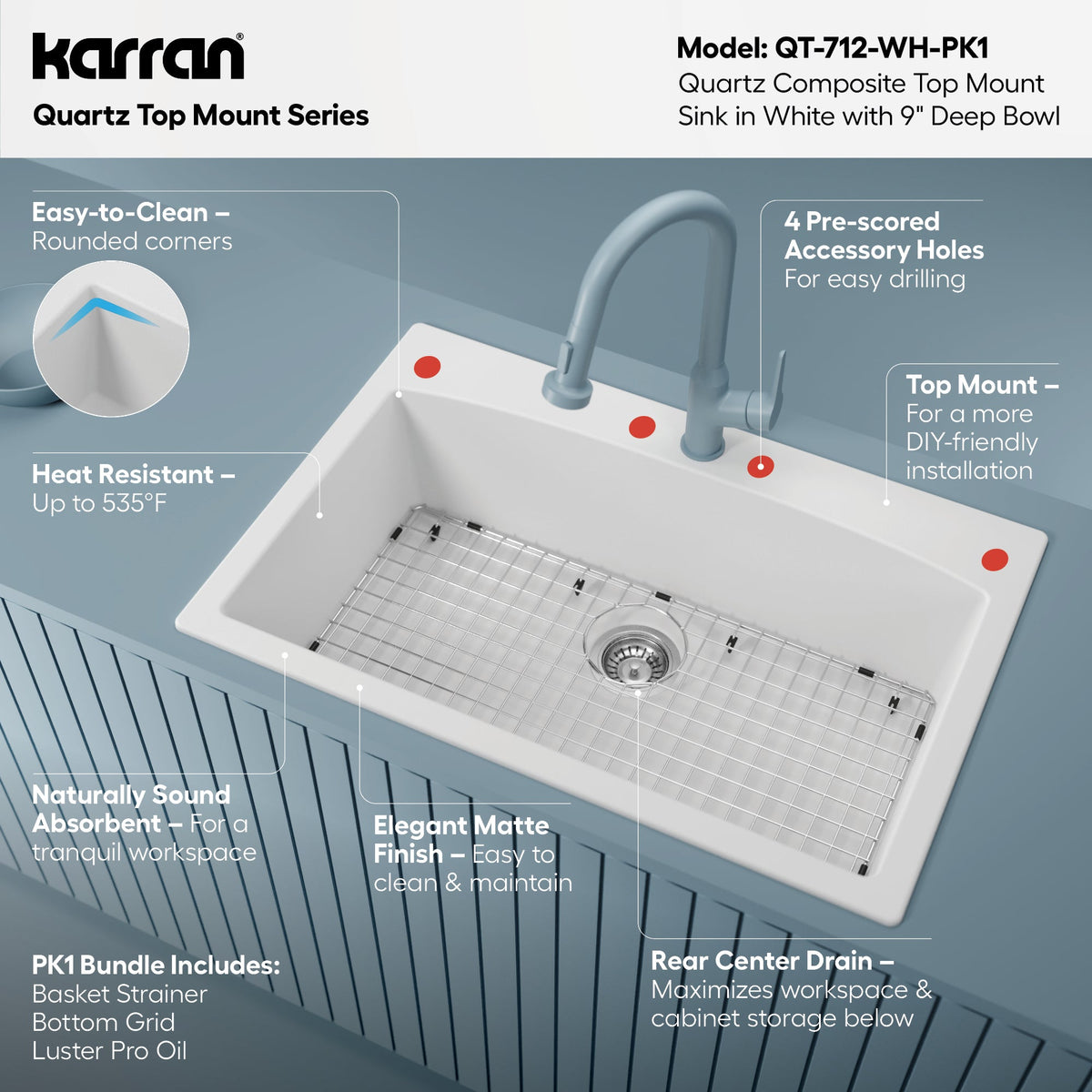33" Top Mount Large Single Bowl Quartz Composite Kitchen Sink Kit White