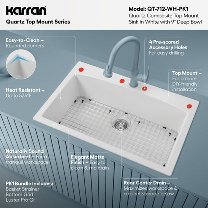 33" Top Mount Large Single Bowl Quartz Composite Kitchen Sink Kit White