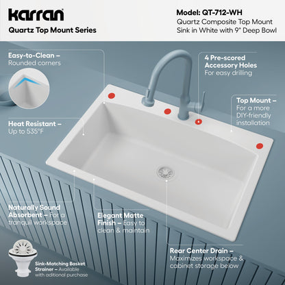 33" Top Mount Large Single Bowl Quartz Composite Kitchen Sink In White