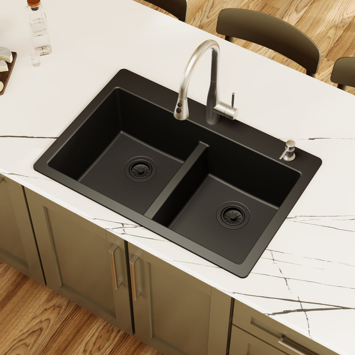 33" Top Mount Double Bowl Quartz Composite Kitchen Sink In Black