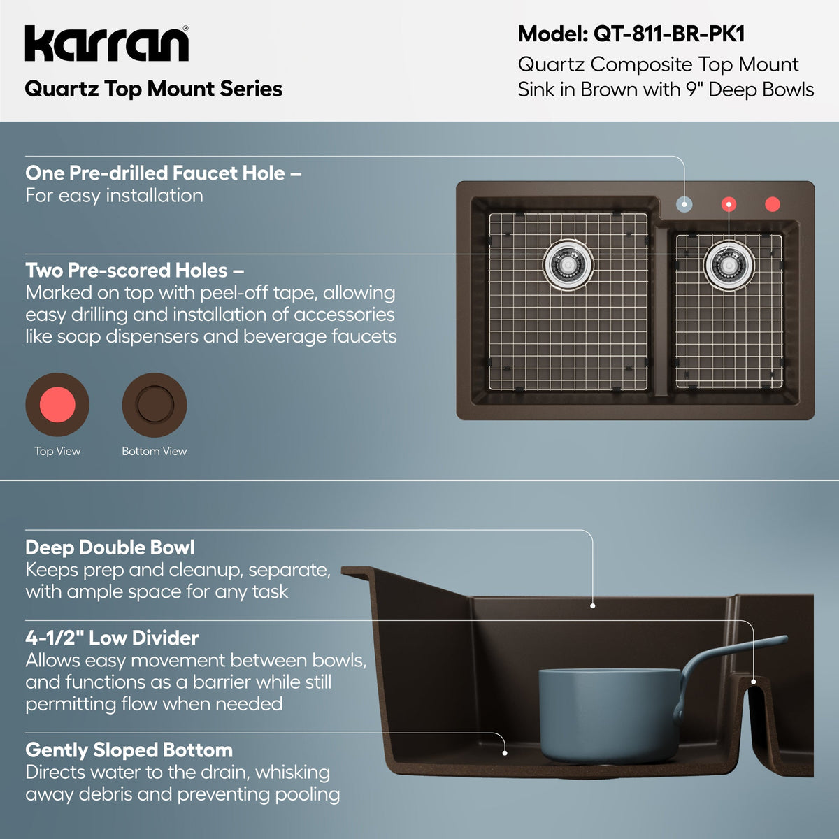 33" Top Mount Double Offset Bowl Quartz Composite Kitchen Sink Kit In Brown