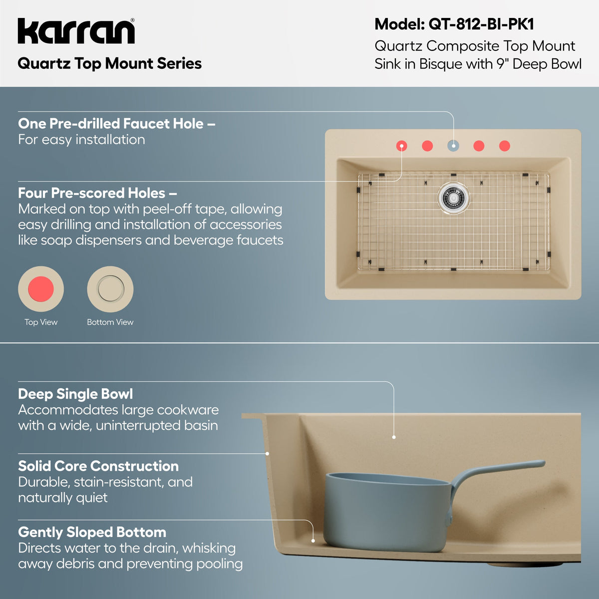 33" Top Mount Large Single Bowl Quartz Composite Kitchen Sink Kit In Bisque