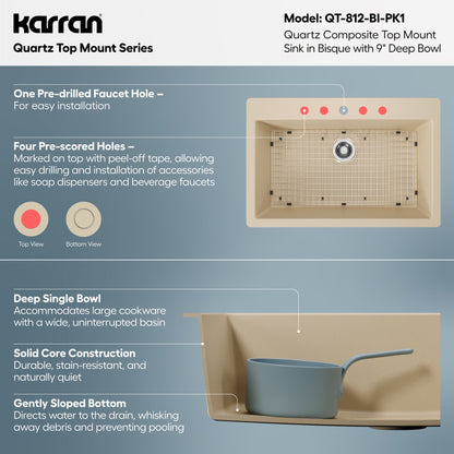 33" Top Mount Large Single Bowl Quartz Composite Kitchen Sink Kit In Bisque