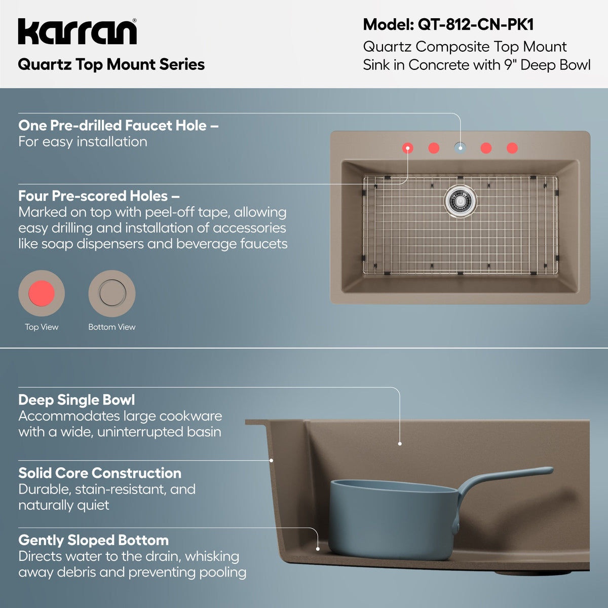 33" Top Mount Large Single Bowl Quartz Composite Kitchen Sink Kit In Concrete