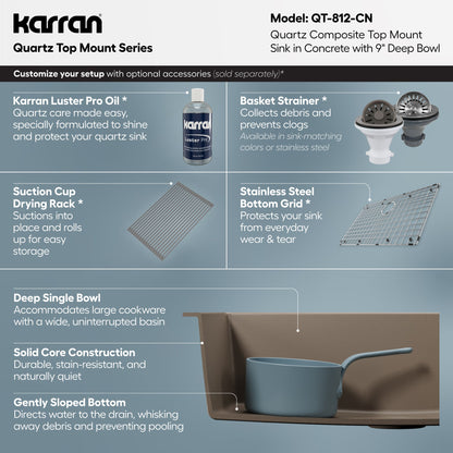 33" Top Mount Large Single Bowl Quartz Composite Kitchen Sink In Concrete