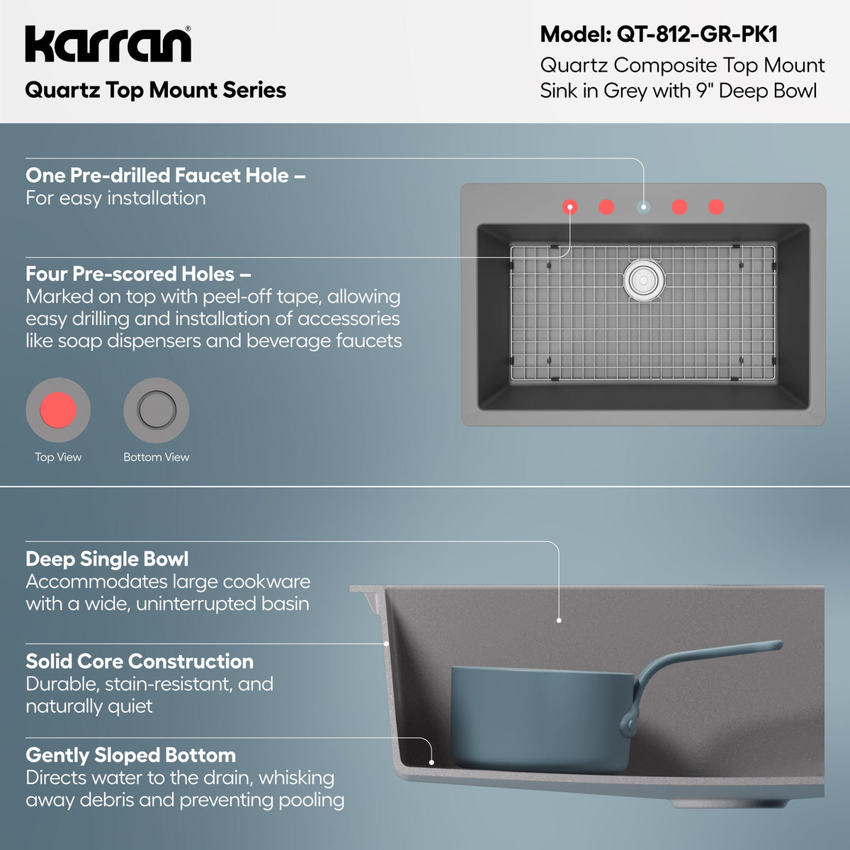 33" Top Mount Large Single Bowl Quartz Composite Kitchen Sink Kit In Grey