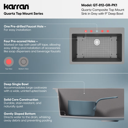 33" Top Mount Large Single Bowl Quartz Composite Kitchen Sink Kit In Grey
