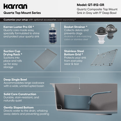 33" Top Mount Large Single Bowl Quartz Composite Kitchen Sink In Grey