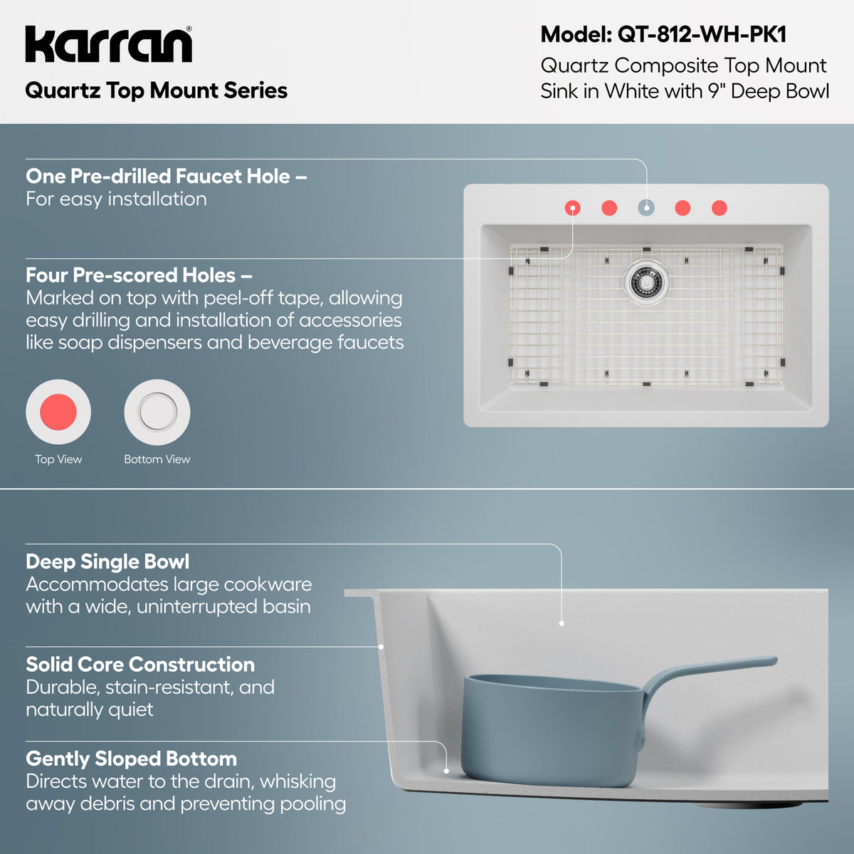 33" Top Mount Large Single Bowl Quartz Composite Kitchen Sink Kit In White