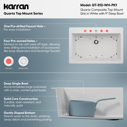 33" Top Mount Large Single Bowl Quartz Composite Kitchen Sink Kit In White