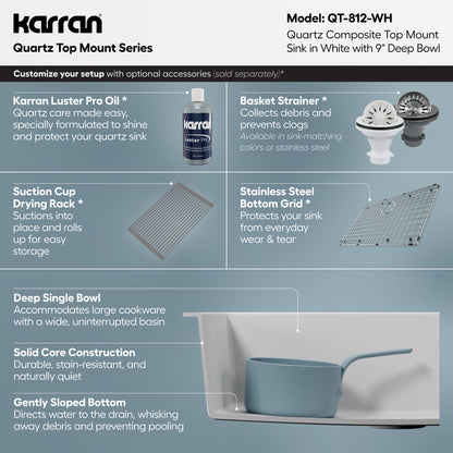 33" Top Mount Single Bowl Quartz Composite Kitchen Sink In White
