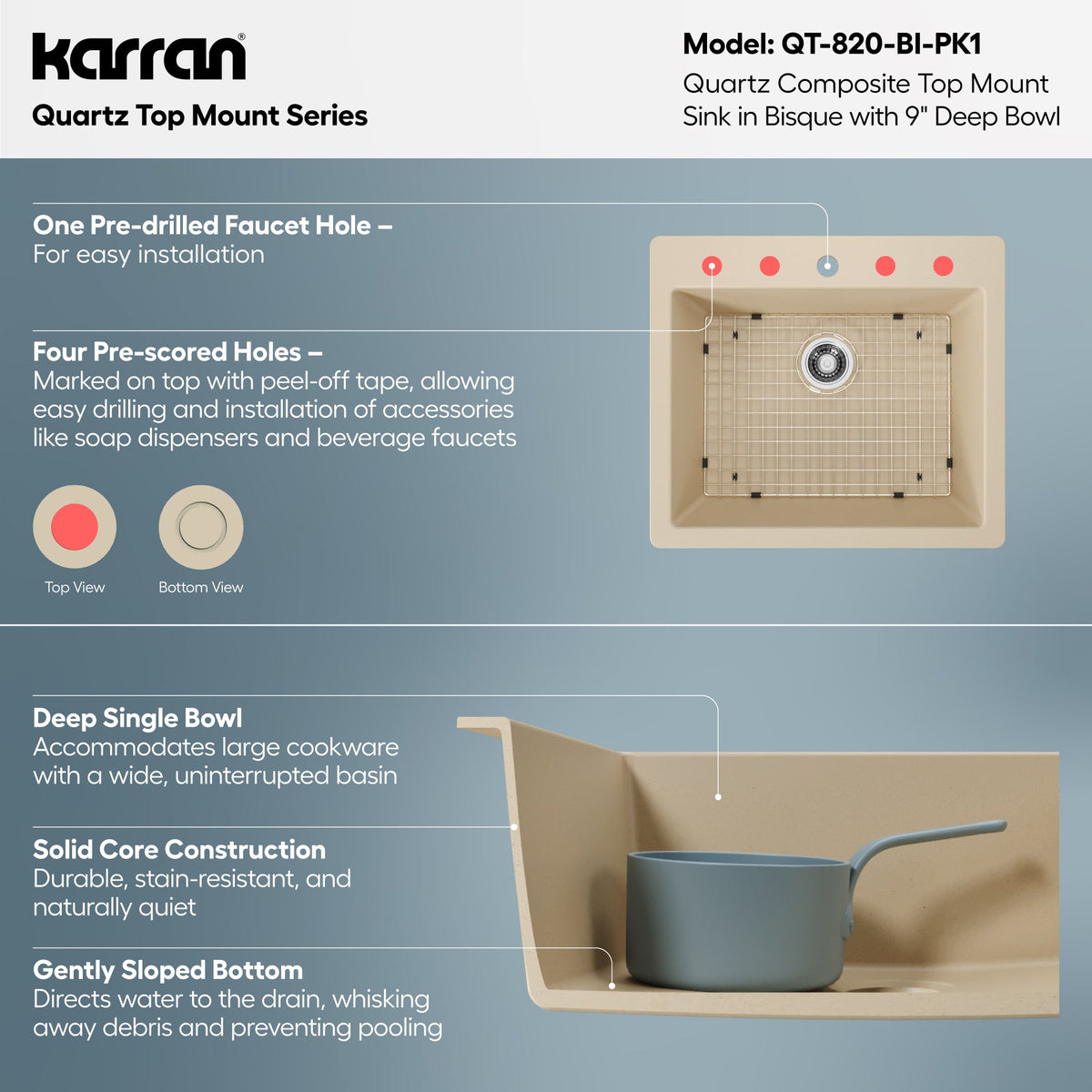 25" Top Mount Single Bowl Quartz Composite Kitchen Sink Kit In Bisque