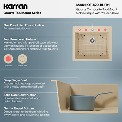 25" Top Mount Single Bowl Quartz Composite Kitchen Sink Kit In Bisque