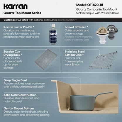 25" Top Mount Single Bowl Quartz Composite Kitchen Sink In Bisque