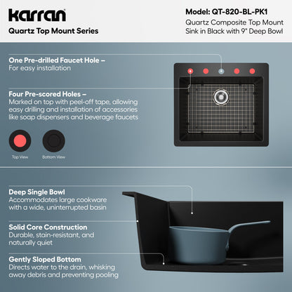 25" Top Mount Single Bowl Quartz Composite Kitchen Sink Kit In Black