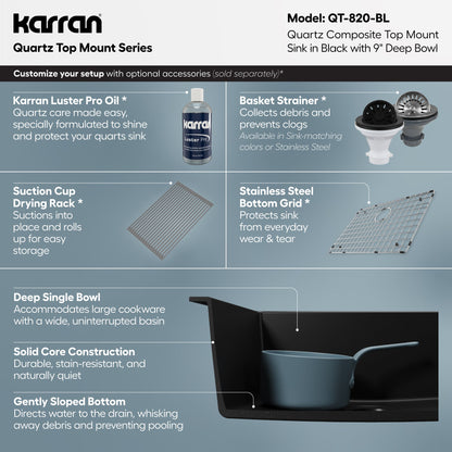 25" Top Mount Single Bowl Quartz Composite Kitchen Sink In Black