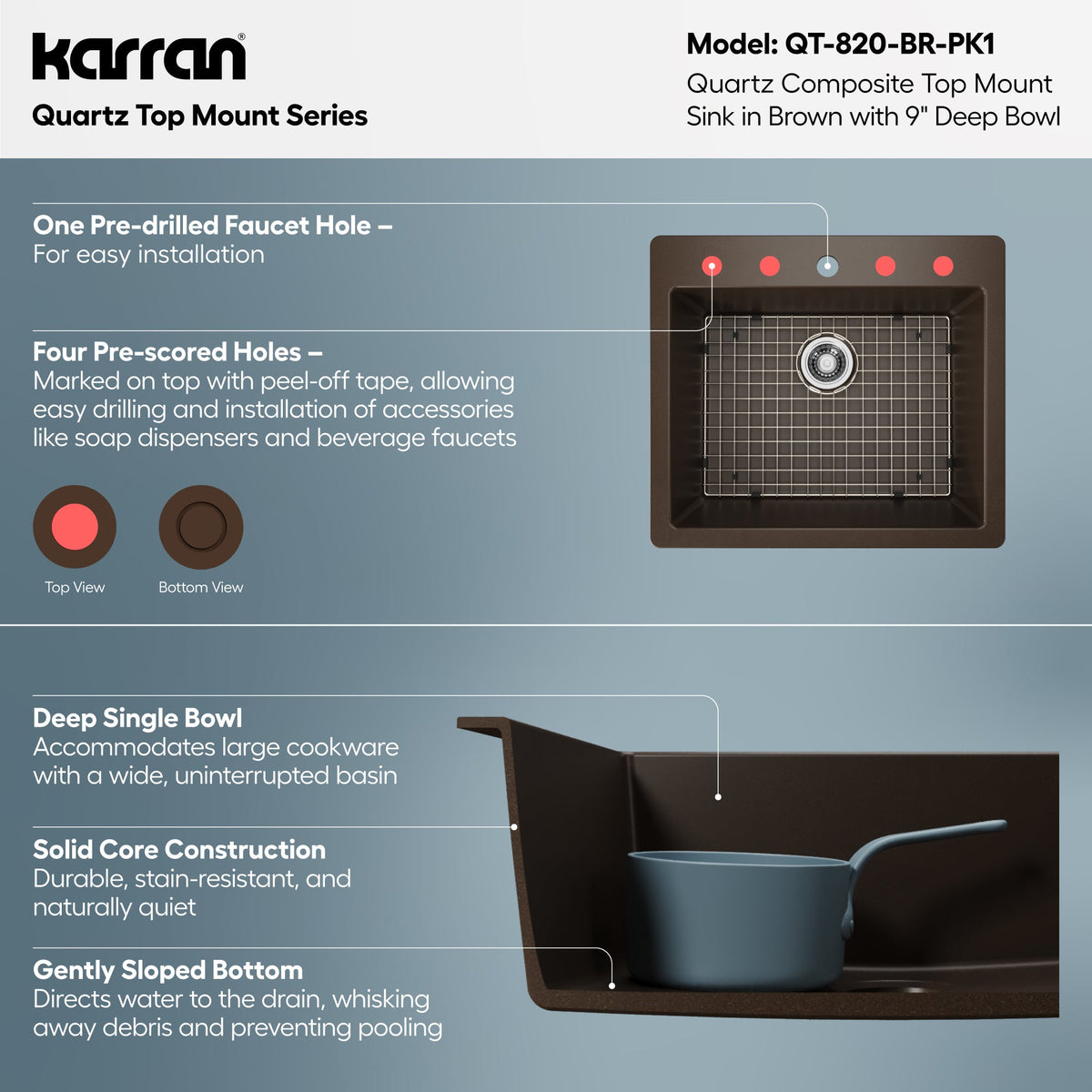 25" Top Mount Single Bowl Quartz Composite Kitchen Sink Kit In Brown