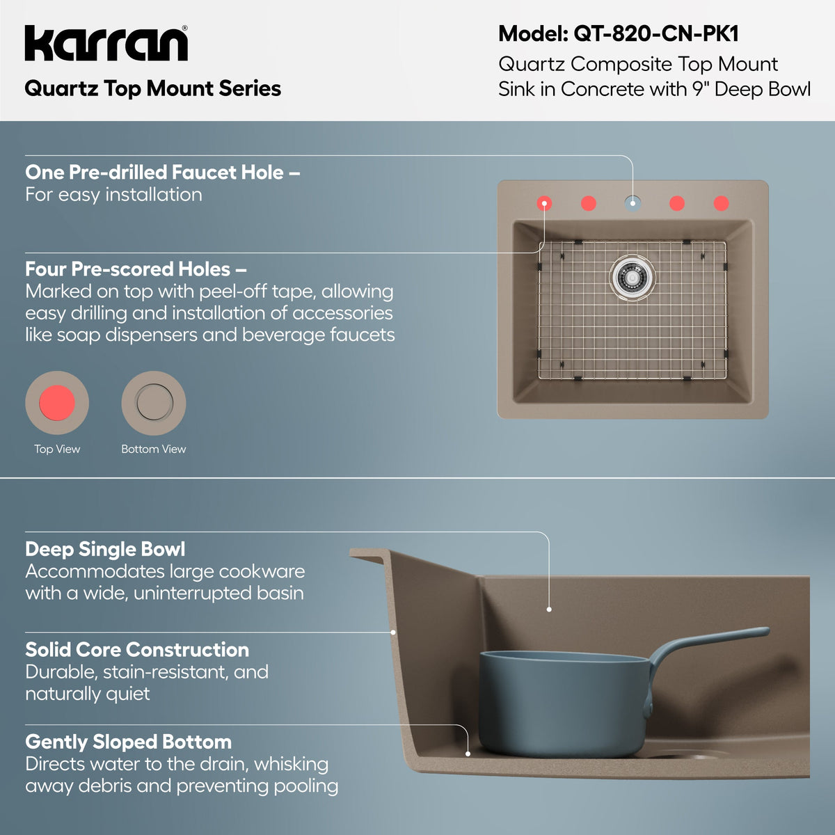 25" Top Mount Single Bowl Quartz Composite Kitchen Sink Kit In Concrete