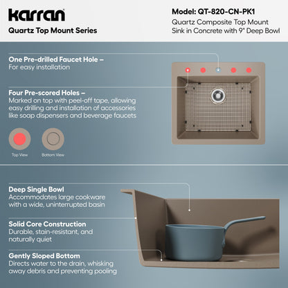 25" Top Mount Single Bowl Quartz Composite Kitchen Sink Kit In Concrete