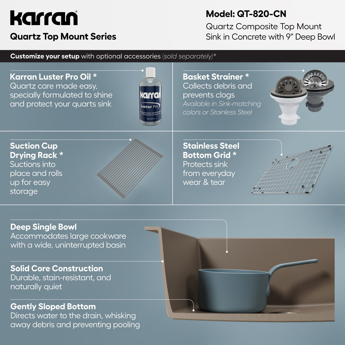 25" Top Mount Single Bowl Quartz Composite Kitchen Sink In Concrete