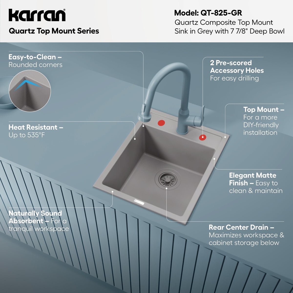 15-3/4" Top Mount Quartz Composite Bar/Prep Sink In Grey