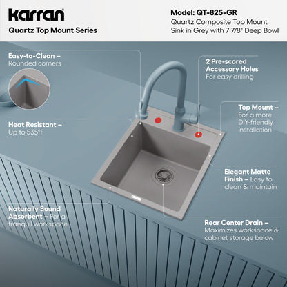 15-3/4" Top Mount Quartz Composite Bar/Prep Sink In Grey