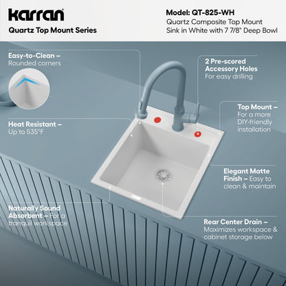 15-3/4" Top Mount Quartz Composite Bar/Prep Sink In White