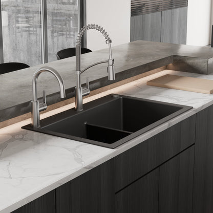 33" Top Mount Double Bowl Granite Kitchen Sink in Black