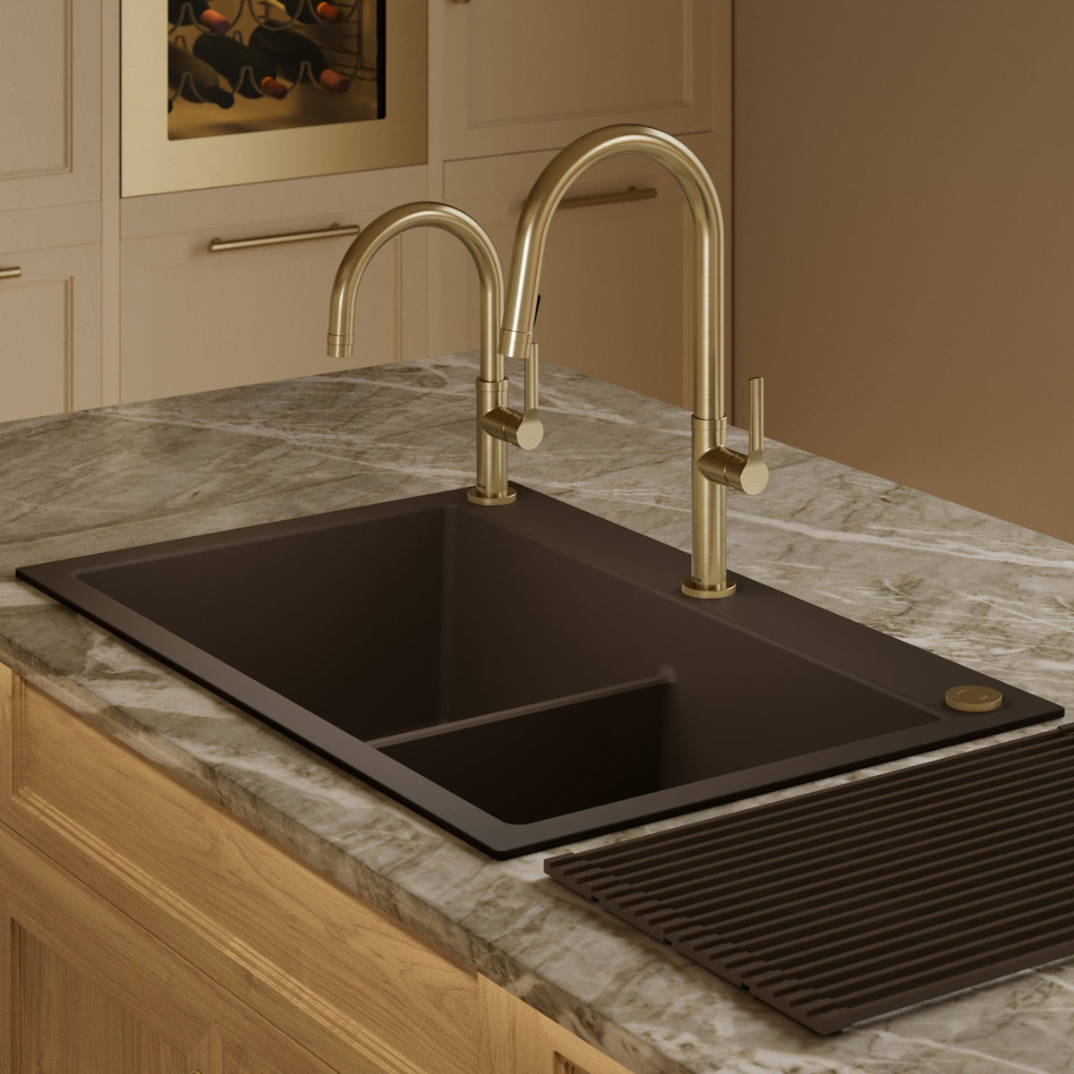33" Top Mount Double Bowl Granite Kitchen Sink in Brown