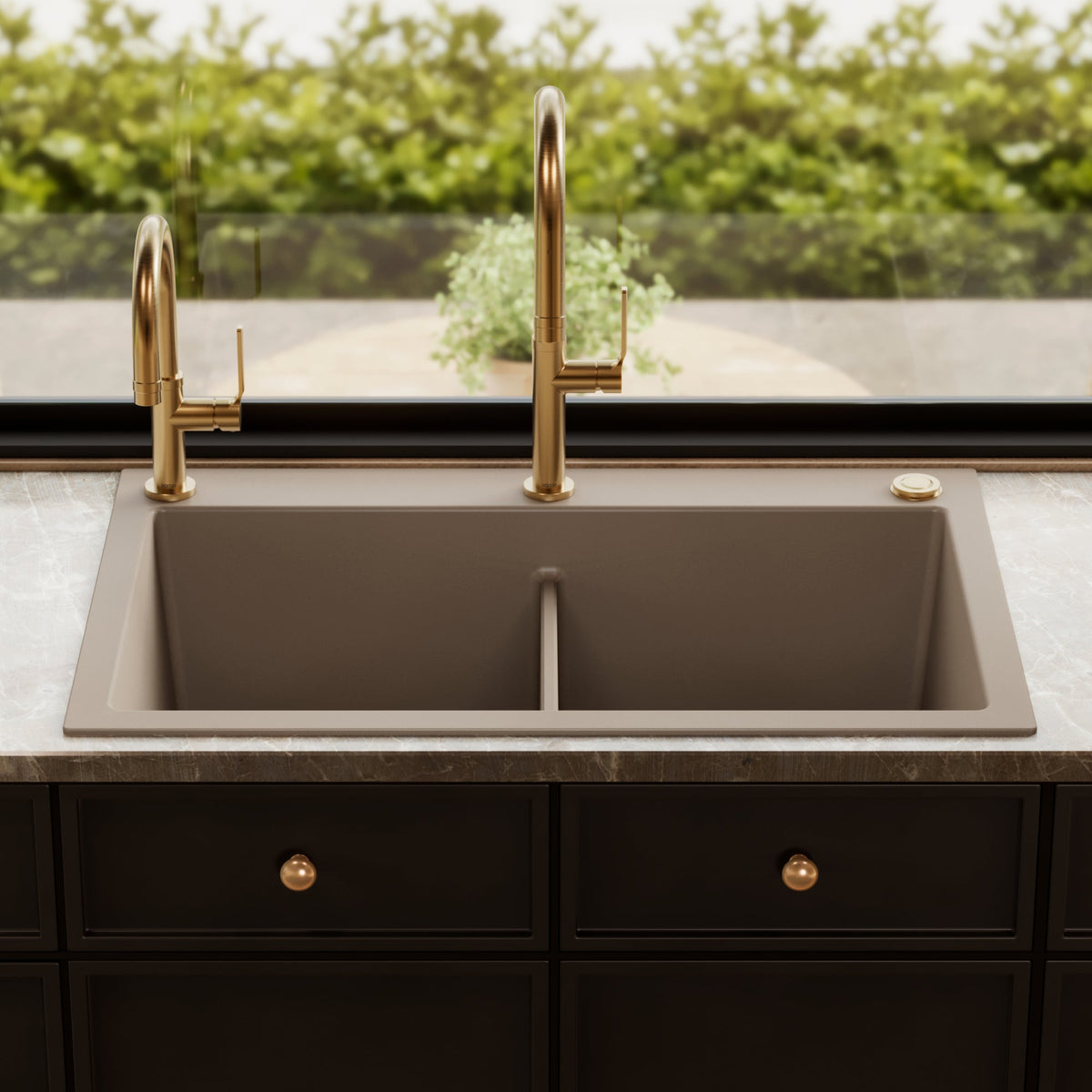 33" Top Mount Double Bowl Granite Kitchen Sink in Concrete