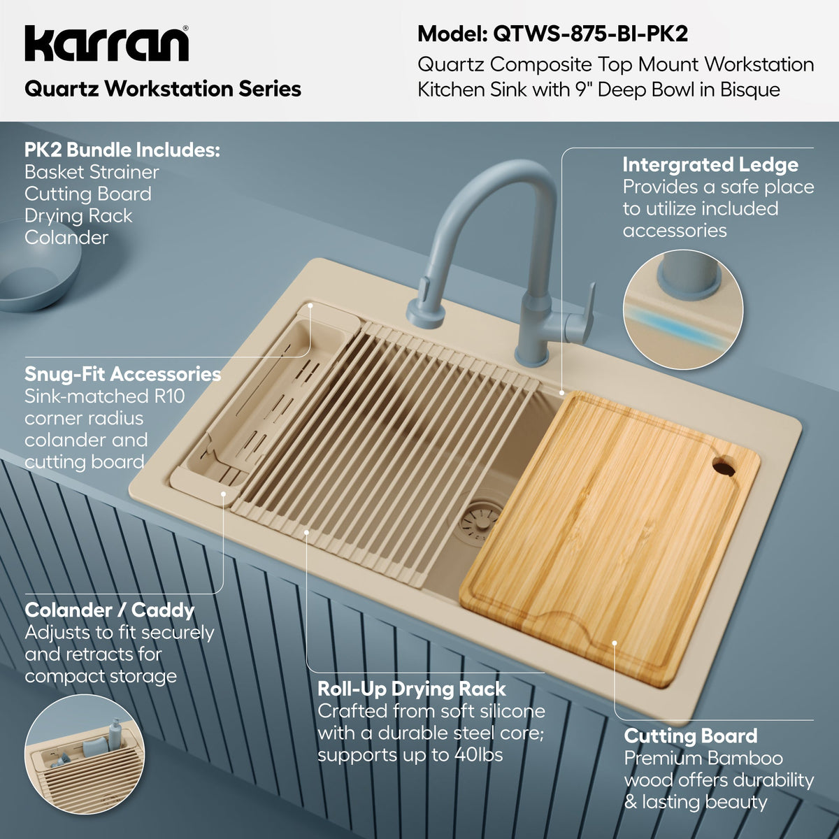 33" Top Mount Single Bowl Quartz Kitchen Sink Kit In Bisque