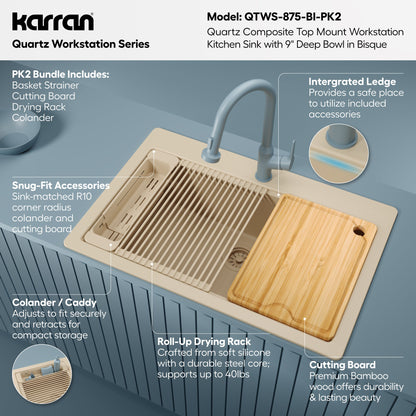 33" Top Mount Single Bowl Quartz Kitchen Sink Kit In Bisque