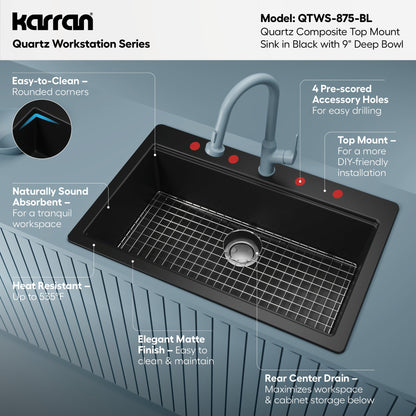 33" Top Mount Large Single Bowl Quartz Composite Workstation Kitchen Sink In Black