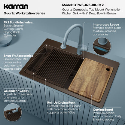 33" Top Mount Single Bowl Quartz Kitchen Sink Kit In Brown