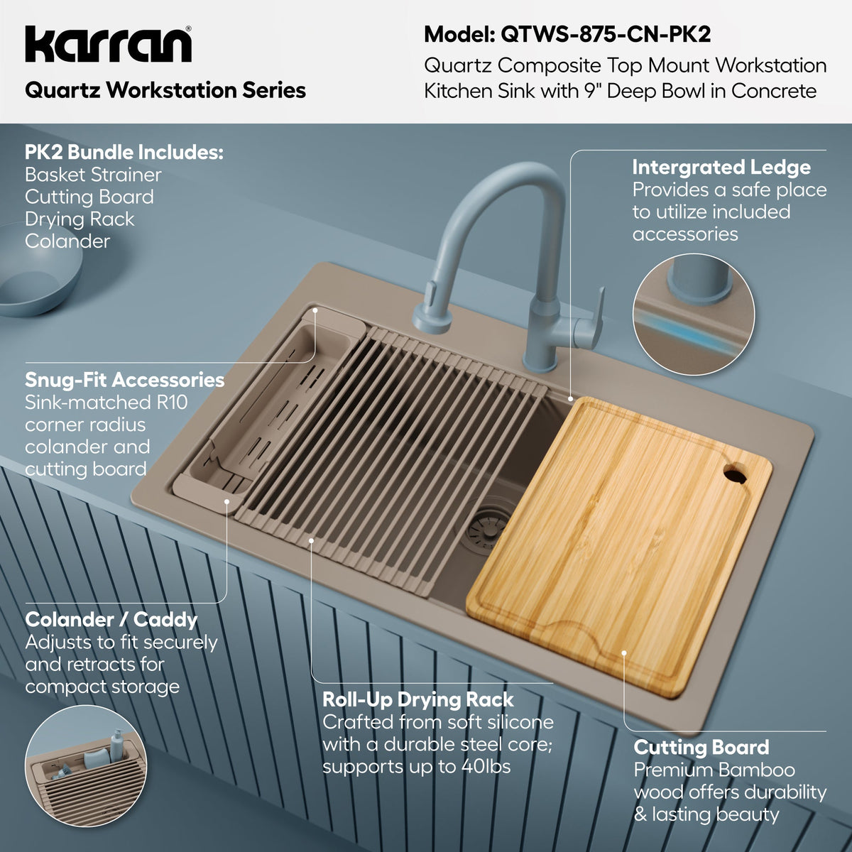 33" Top Mount Single Bowl Quartz Kitchen Sink Kit In Concrete
