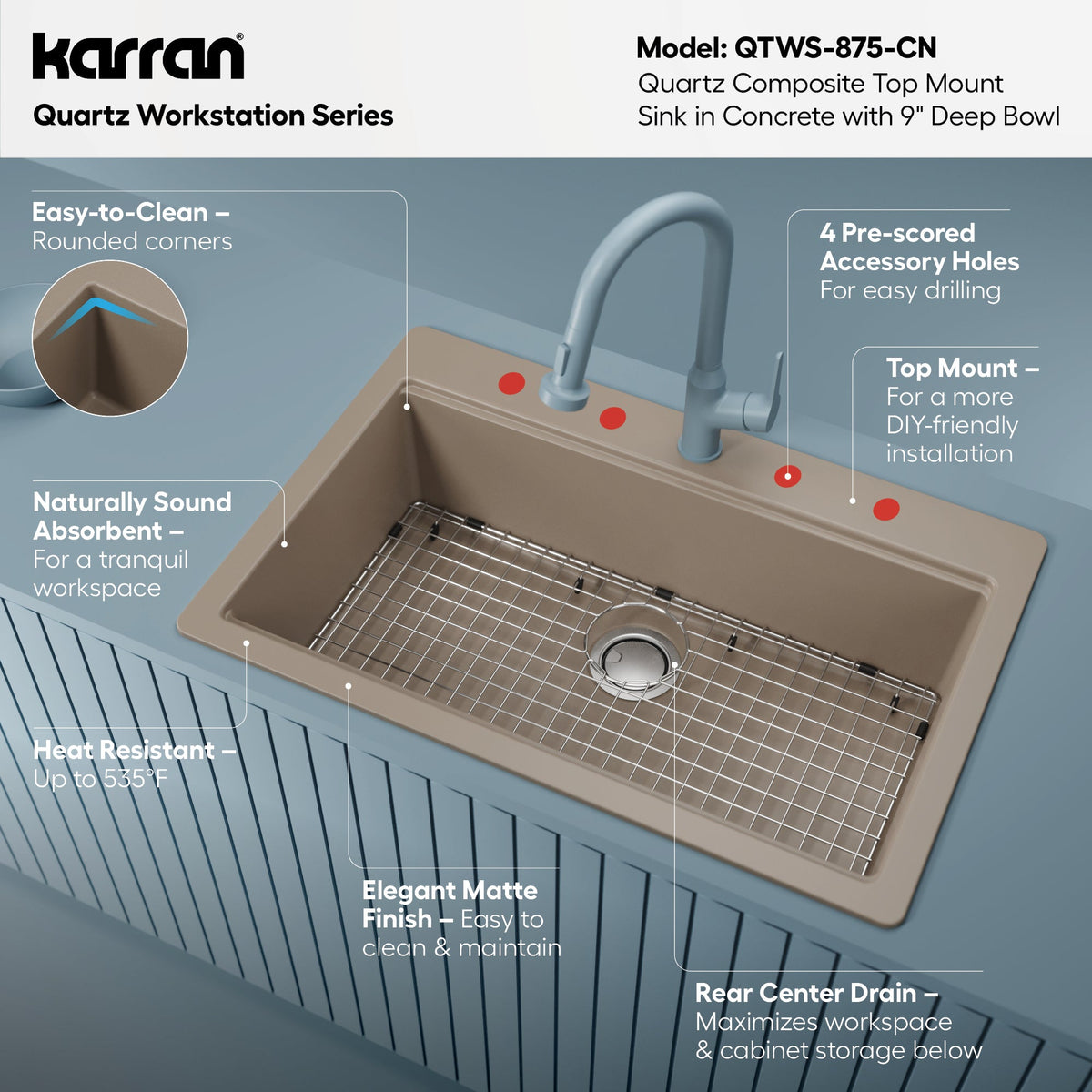 33" Top Mount Large Single Bowl Quartz Composite Workstation Kitchen Sink In Concrete