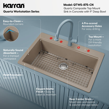 33" Top Mount Large Single Bowl Quartz Composite Workstation Kitchen Sink In Concrete