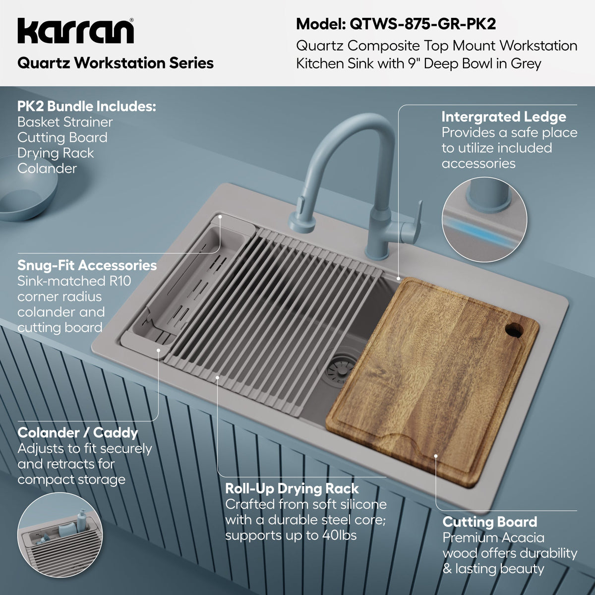 33" Top Mount Single Bowl Quartz Kitchen Sink Kit In Grey