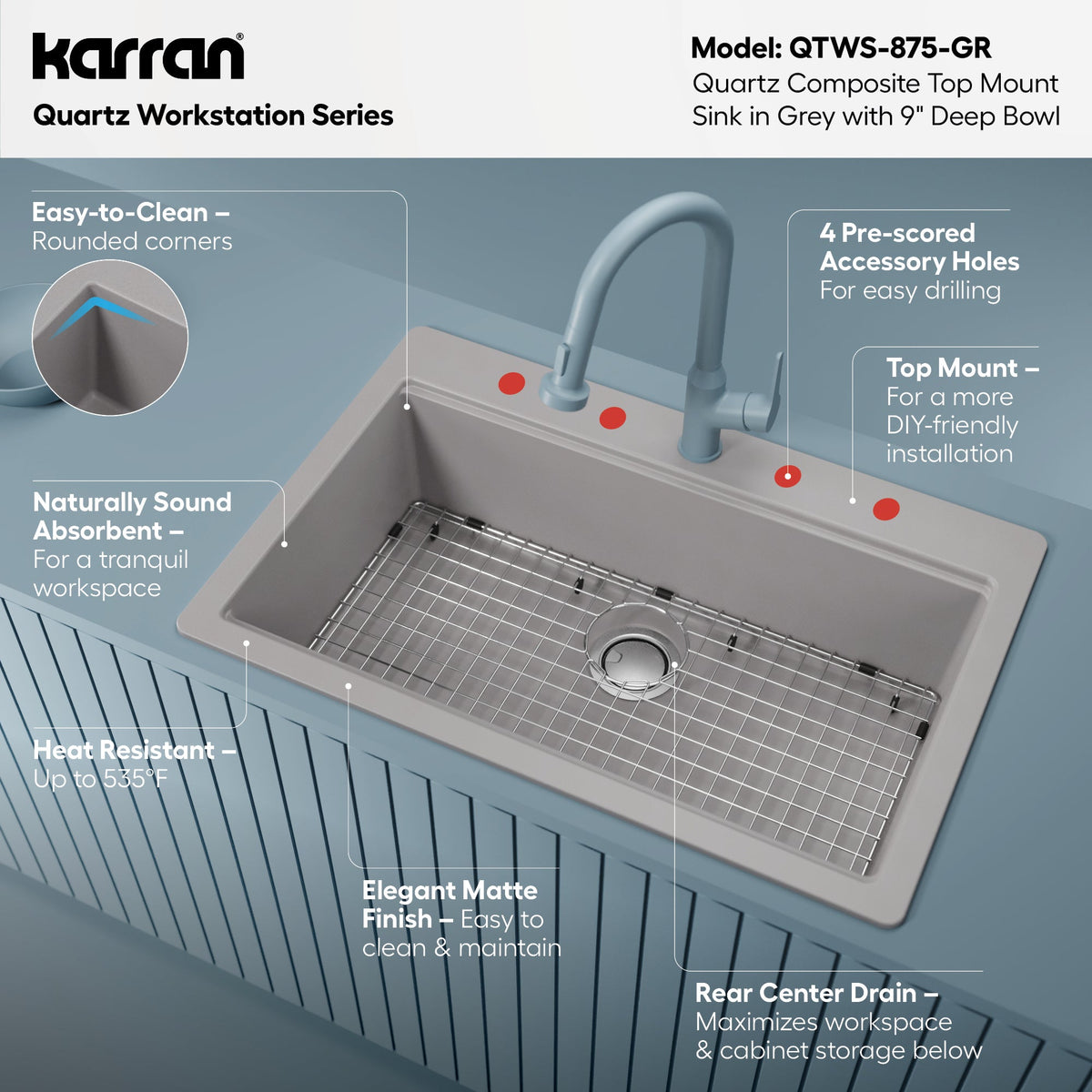 33" Top Mount Large Single Bowl Quartz Composite Workstation Kitchen Sink In Grey