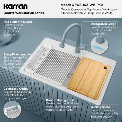 33" Top Mount Single Bowl Quartz Kitchen Sink Kit In White