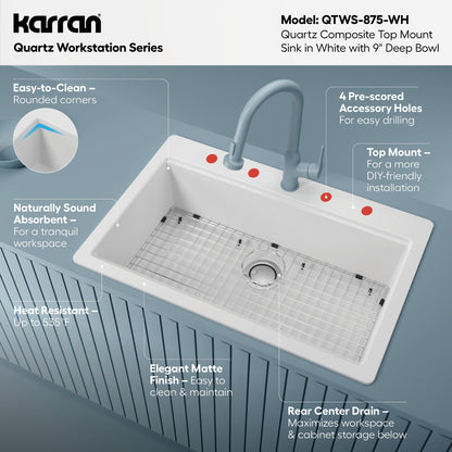 33" Top Mount Large Single Bowl Quartz Composite Workstation Kitchen Sink In White