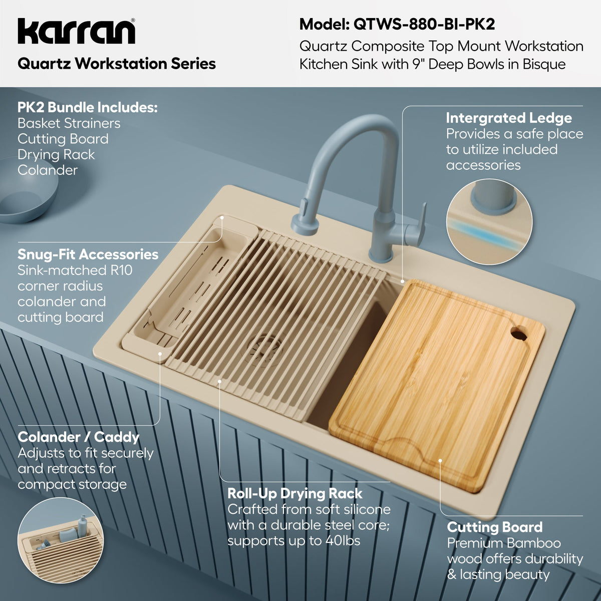 33" Top Mount Double Bowl Quartz Kitchen Sink Kit In Bisque