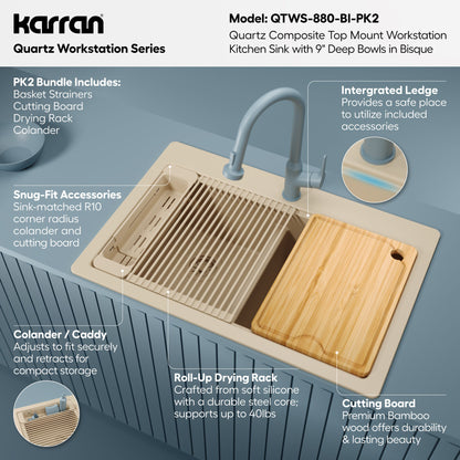 33" Top Mount Double Bowl Quartz Kitchen Sink Kit In Bisque