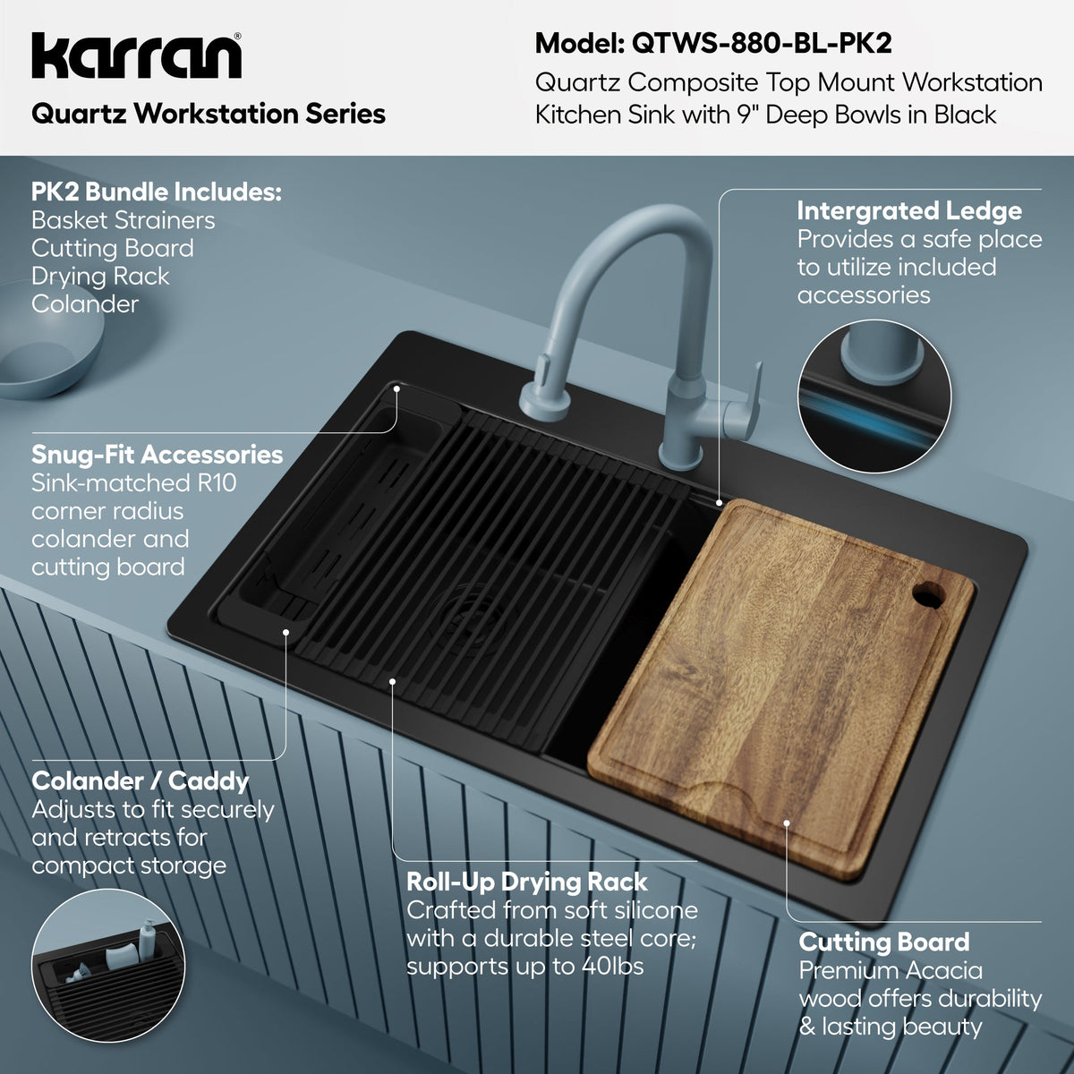 33" Top Mount Double Bowl Quartz Kitchen Sink Kit In Black