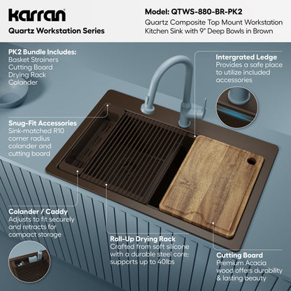 33" Top Mount Double Bowl Quartz Kitchen Sink Kit In Brown